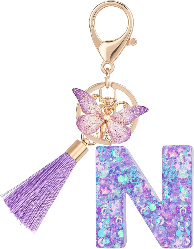 Suweibuke Colourful Cute Initial Letter Keychains for Women Girls with Tassel Butterfly, Charm for Purse Handbags Backpacks