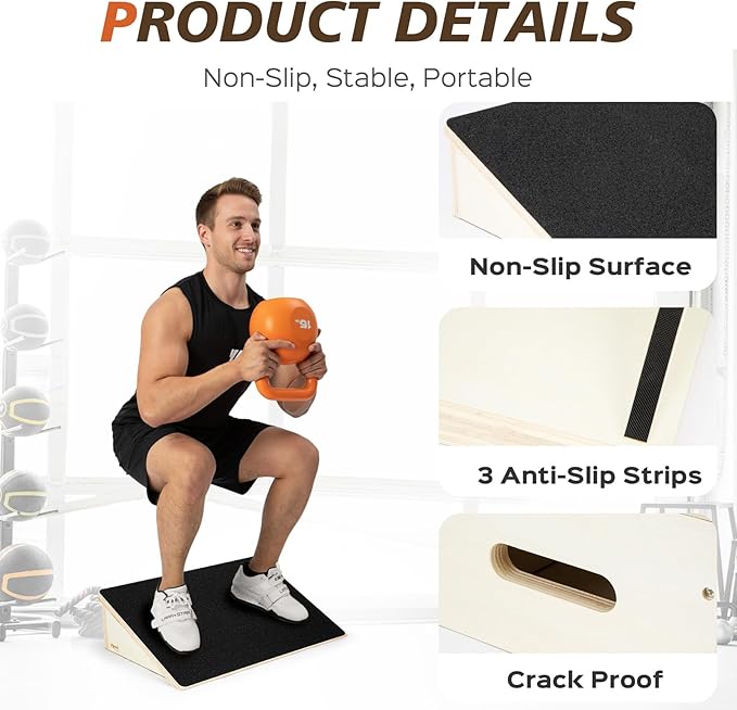 Wooden Slant Board for Squats & Calf Stretching – 19.6" Extra-Wide Non-Slip Surface, 1000 lbs Capacity, Durable Strength Training Wedge for Lower Body Workouts & Flexibility Training