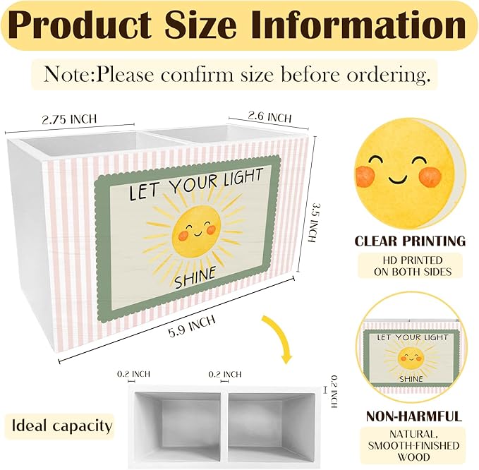 Boho Sun Inspirational Pen Pencil Holder for Desk, Boho Classroom Decor, Let Your Light Shine Cute Sunshine Wooden Box Sign Desk Decor for Kids Room Nursery Playroom Decoration