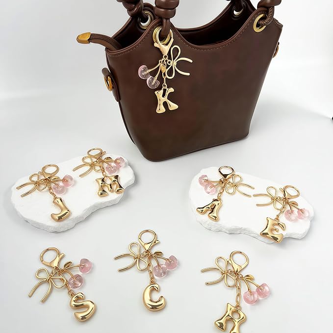 Gold Bubble Heart, Cherry, Bow & More Designs Letter Initial Keychain Bag Charms – Cute Purse Charms for Handbags