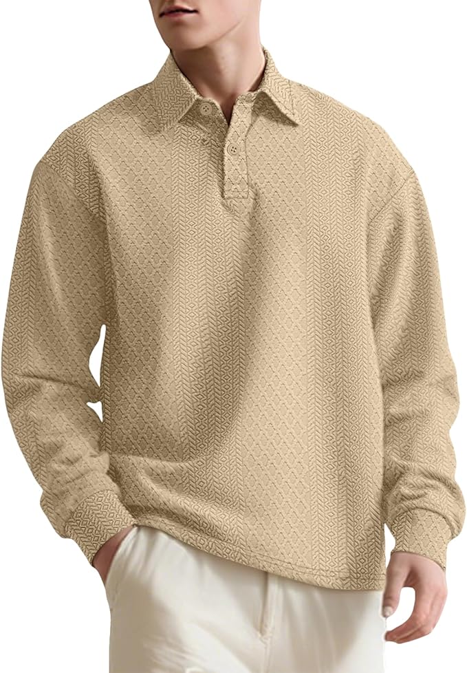 Stylish Polo Shirts for Men Textured Button Down Mock Neck Casual Tops Comfy Solid Color Long Sleeve Golf Pullover