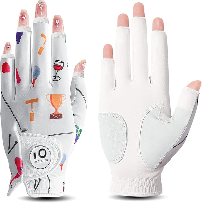 FINGER TEN Stylish Golf Gloves Women with Ball Marker 1 Pack for Left or Right Hand, Breathable Glove with Fashion Patterns for Ladies Right Left Handed Golfer
