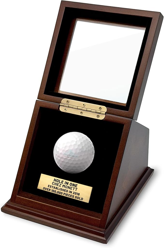 Hole-in-One Golf Ball Display Case -Custom Brass Plaque Engraving-Durable Wood & Glass Design
