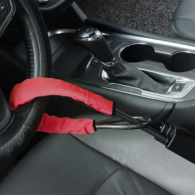 KAYCENTOP Car Steering Wheel Lock, Seat Belt Lock, Anti-Theft Device, Max 17 Inch Length, Small and Light-Weight, Multi-Functional, Fit Most Vehicle, SUV, Golf Cart Security (Red)