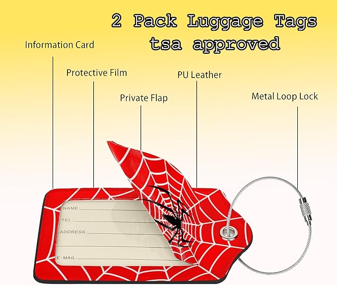 TSA Approved Luggage Tags for Suitcases Spider on Web 2 Pack Funny Leather Carnival Cruise Airport Cute Travel Name Tags Golf Bag tag Ships Essentials Privacy Cover ID Label for Women Men