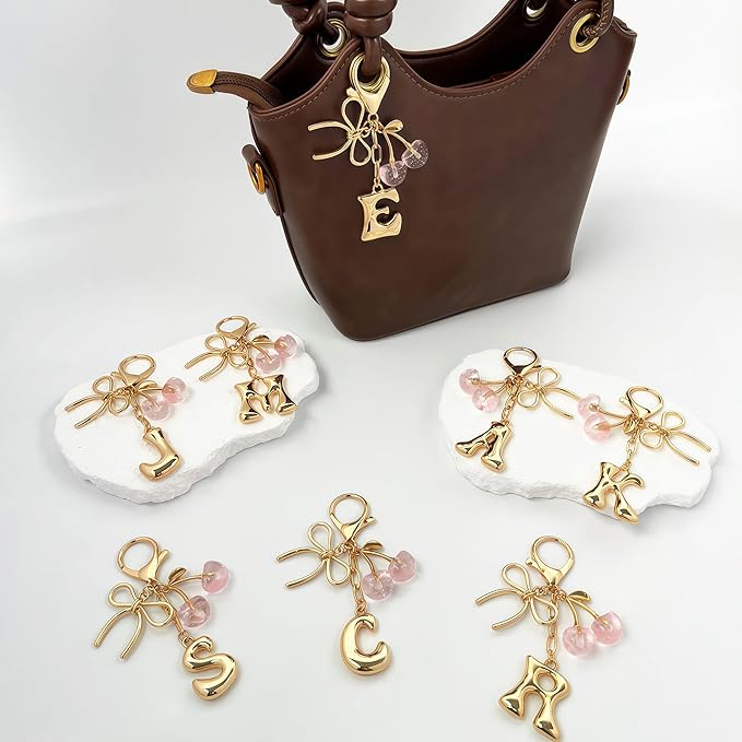Gold Bubble Heart, Cherry, Bow & More Designs Letter Initial Keychain Bag Charms – Cute Purse Charms for Handbags