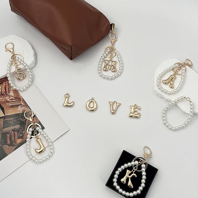 Gold Bubble Heart, Cherry, Bow & More Designs Letter Initial Keychain Bag Charms – Cute Purse Charms for Handbags