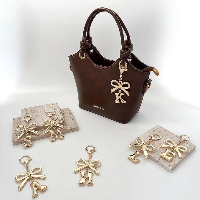 Gold Bubble Heart, Cherry, Bow & More Designs Letter Initial Keychain Bag Charms – Cute Purse Charms for Handbags