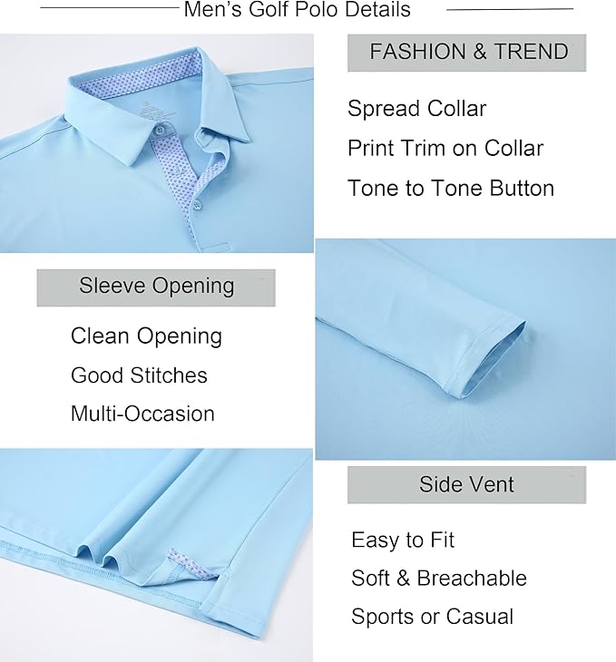 Alex Vando Mens Golf Shirt Moisture Wicking Quick-Dry Solid Long Sleeve Polo Shirts for Men
