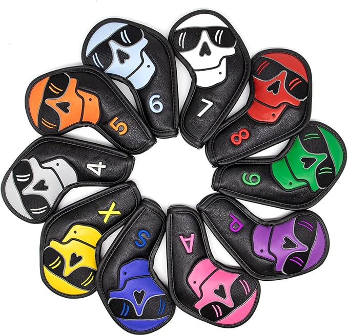Large Skeleton Golf Club Covers, Iron Covers 10pcs/ Set, Leather Golf Iron Club Head Cover Headcover Set for Men fits Mizuno, Ping, Taylormade All Brand