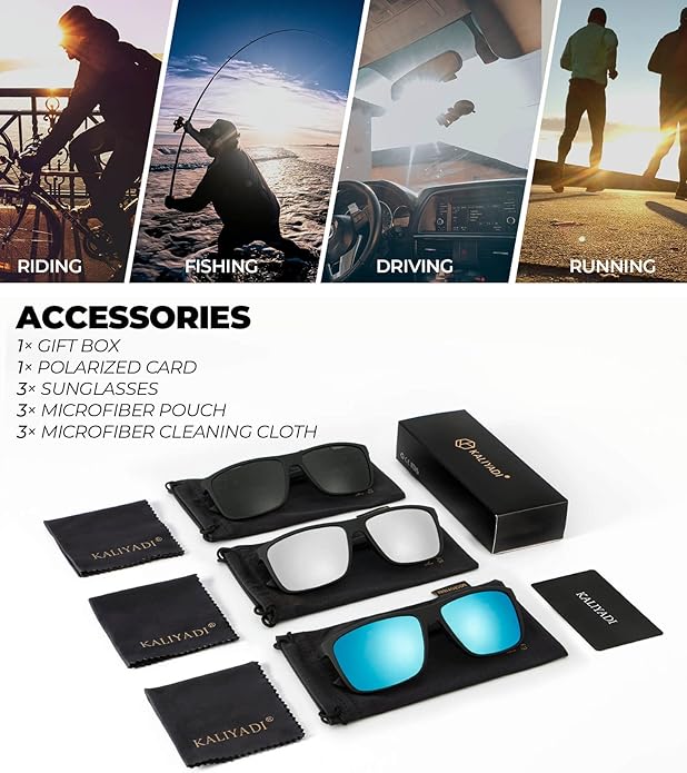 KALIYADI Polarized Sunglasses for Men and Women, Mens Sun Glasses with UV Protection for Driving Fishing Golf (3 Packs)