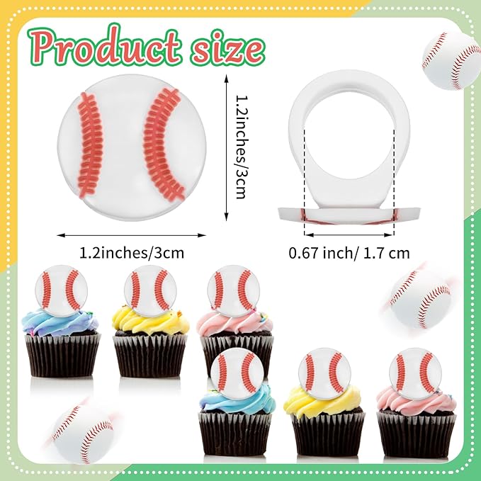 Honeydak 48 Pcs Baseball Cupcake Rings Toppers Decoration Sport Ball Theme Cupcake Picks Baseball Party Decoration Sport Cupcake Toppers Rings for Birthday Party Supplies
