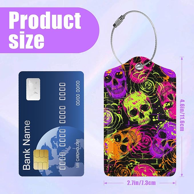 3 Pack Skull Flowers Luggage Tags for Suitcase PU Leather Travel Luggage Tag Privacy Cover ID Label for Women Men Baggage Backpack Handbag School Bag