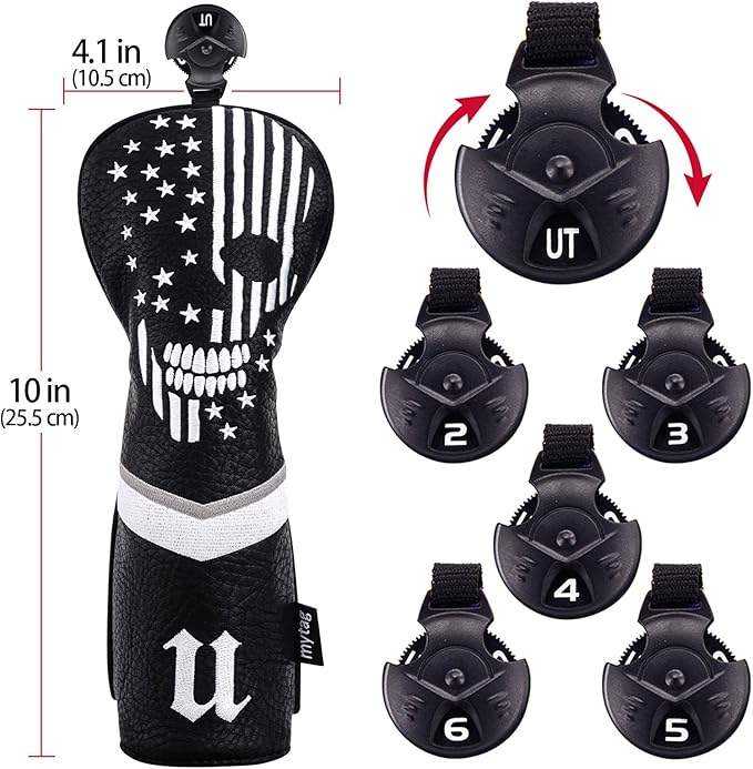 mytag Skull Skeleton Golf Head Covers Black Synthetic Leather Golf Headcovers Set Fits Driver Fairway Wood Hybrid/Utility Putter Iron Wedge Headcover