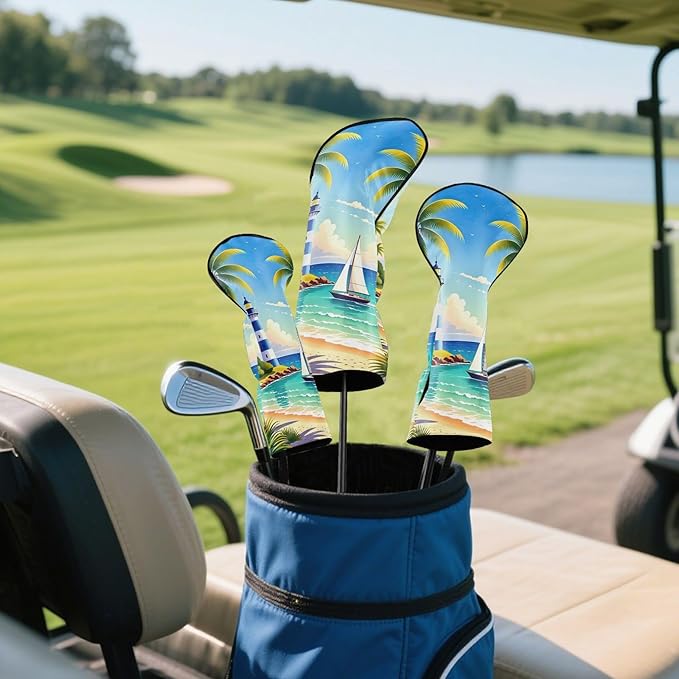 Blue Leather Golf Club Head Covers for Driver/3 5 Wood/Hybird,Velvet,with Label,Seaside