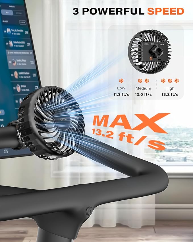 2 Pack Rechargeable Fan for Peloton & Exercise Bike - 4000mAh Portable Fan with Adjustable Strap, 3 Speed Settings, 360° Rotation - Fits 0.5-1.5" Handlebars for Treadmill, Stroller, Golf Cart, Gym