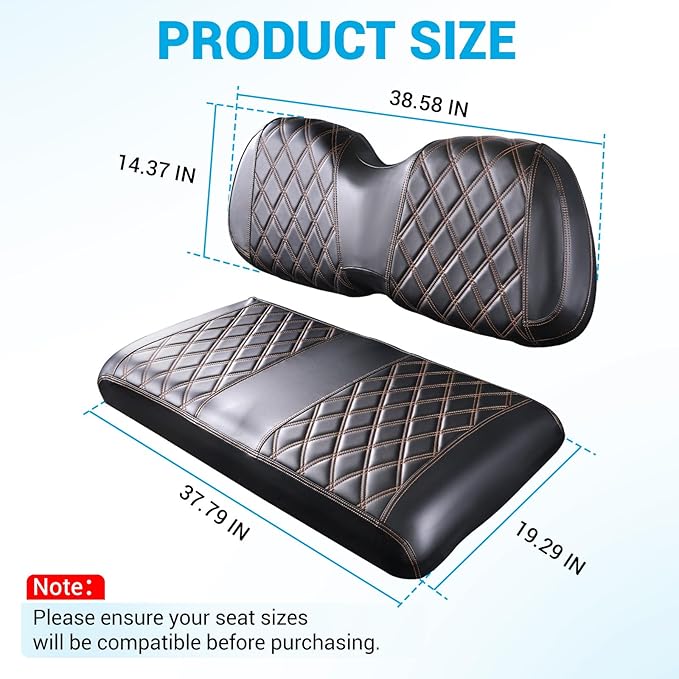 Golf Cart Diamond Seat Covers Kit Suitable for Club Car Precedent Standard Front Seat Cushion, Club Car Front Seat Covers Kit No Drilling & Waterproof (Black PVC Leather & Brown Stitching)