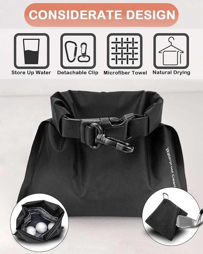 Golf Club and Ball Cleaning Pouch with Attached Towel, Waterproof Cleaning Bag for Cleaning Club Grooves, can Store Water, Detachable Clip