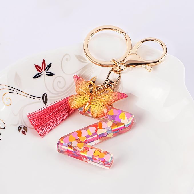 Suweibuke Colourful Cute Initial Letter Keychains for Women Girls with Tassel Butterfly, Charm for Purse Handbags Backpacks