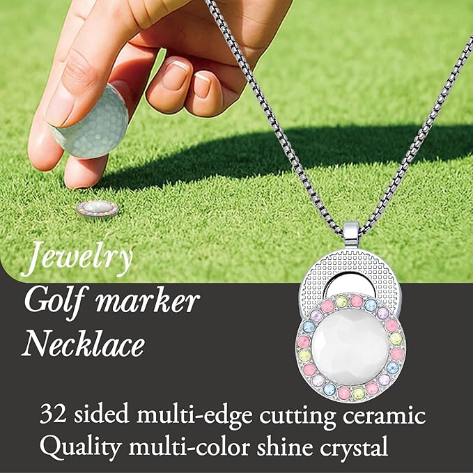 Golf Ball Marker with Ceramic Crystal Ball Marker Necklace (20mm Small Size) Gifts Accessories Women Golfers