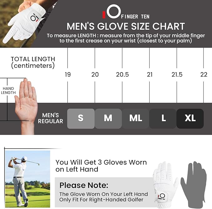 FINGER TEN All Weather Grip Golf Gloves Men Value 3 Pack for Right Handed Golfer, Hot Wet Rain Grip & Comfort Soft Glove for Premium Performance, Colors White Black Blue Sizes S M L XL