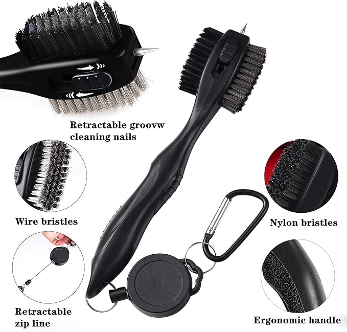 Golf Club Brushes, Golf Cleaning Tool, with Retractable Cleaning Nails, Nylon and Wire Bristles Oversize Double Brush Head with 2ft Retractable Zip-line Metal Buckle