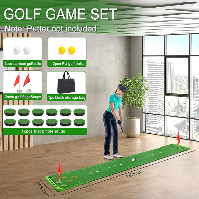 Golf Putting Game Set with Front Border for Indoor & Outdoor,Golf Putting Green Mat Include 4 Balls,1 Portable Bag,2 Flags&Cups,Practice Training Aid for Backyard,Party,Office