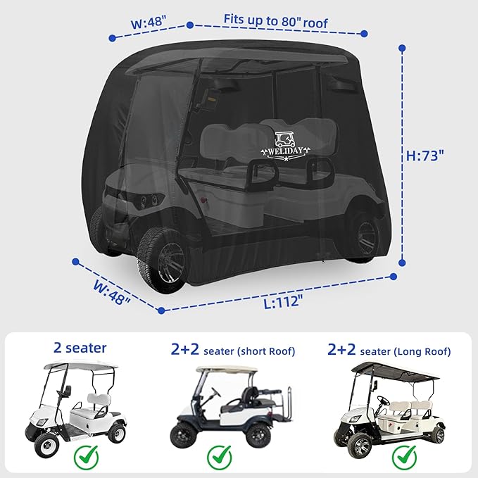 Golf Cart Cover Compatible with Yamaha EZGO Club Car, 2/4/4+2 Passengers Golf Cart Cover with Three Zipper Doors, Water Resistant Polyester Fabric for All-Weather Protection