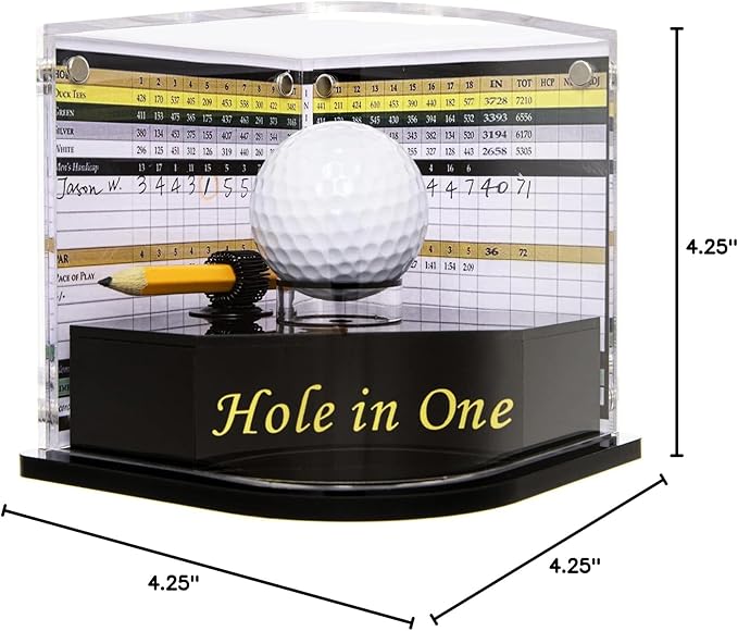 Golf Ball Display Case for Hole-in-One Golfer. Black Ball Throne with Golden Stamp. 2X Background Frames on Each Side of Cambered Cover. Pencil Holder, Adhesive Dots All Included, No Assembly