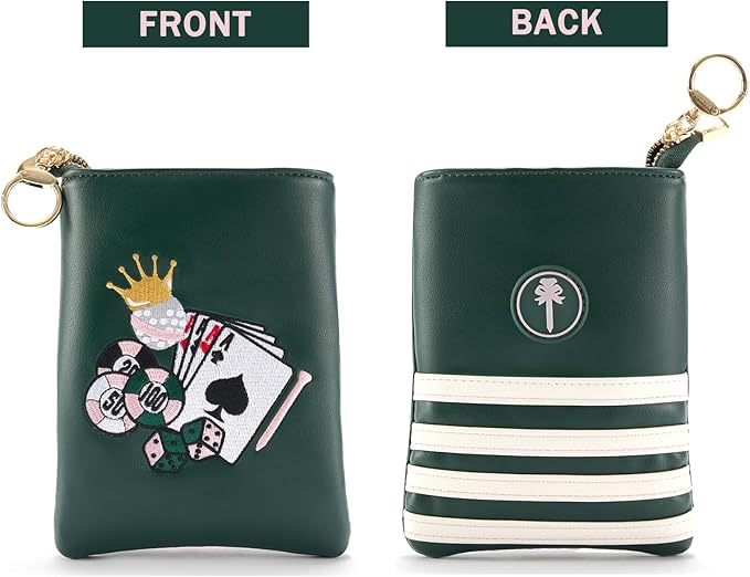 PINKTEE Golf Valuables Pouch Funny Golf Accessories Bag with Zipper Master Green Premiun Leather Golf Tee/Ball Pouch for Women Men (CASINO QUEEN, White stripe)