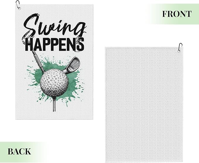 Swing Happens Printed Funny Golf Towel with Carabiner Clip 24"x16" Cute White Golf Towels for Golf Bags Microfiber Waffle Golfs Rag for Disc Balls Clubs Golfs Accessories for Men Women Dad Husband