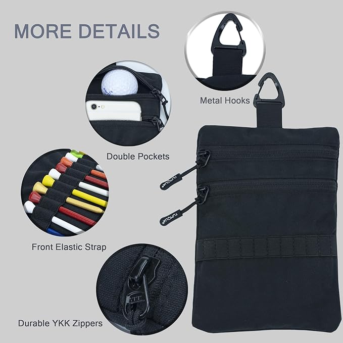 Golf Pouch Bag, Golf Tee Holder for Accessories, Valuables, Tees, Balls - Small Nylon Zipper Tee Pouch Clip on Bag Belt Backpack - Handy for Golfing, Fishing, Cycling, Travel - Great Gift for Golfers