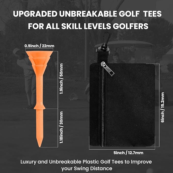 Golf Tees Plastic 3 1/4 inch Unbreakable 30 Pack with Pouch Bag, Durable Stable Available 83 mm Long Tee for Golfer Practice