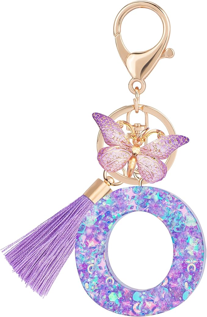 Suweibuke Colourful Cute Initial Letter Keychains for Women Girls with Tassel Butterfly, Charm for Purse Handbags Backpacks