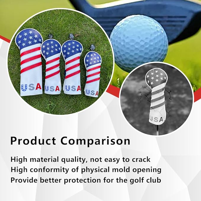 Golf American Style Head Cover Golf Club Blue and White Leather Headcovers Set Fits Driver Fairway Wood Hybrid Utility Putter Iron Wedge Headcover.