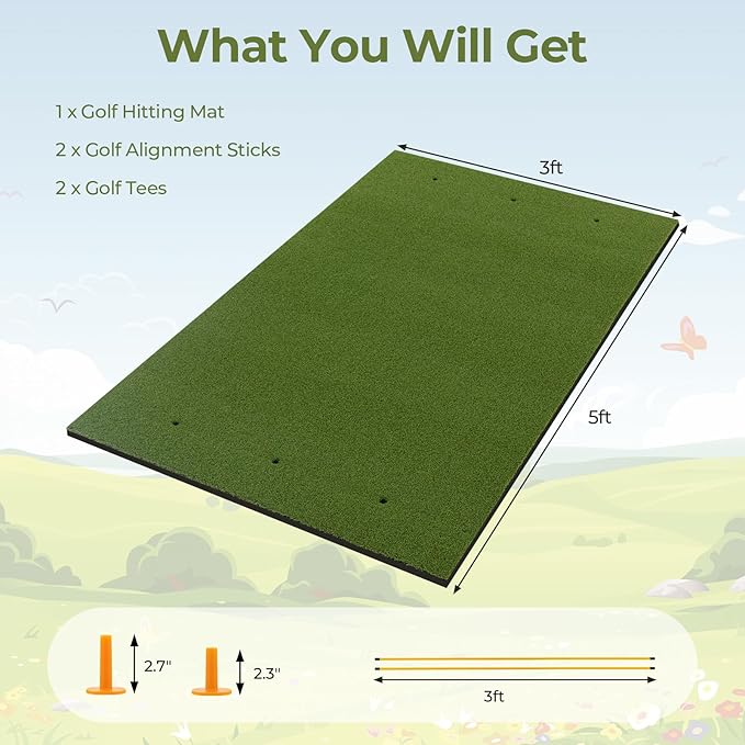 Goplus Golf Mat, 5x3ft/5x4ft Golf Hitting Mat 20/25/27/32mm Thick w/2 Alignment Sticks & 2 Golf Tees, Portable Artificial Turf Grass Training Mat Practice for Indoor Outdoor