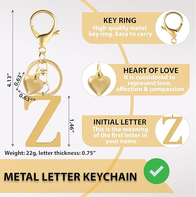 Metal Heart Alphabet Keychain for Women, Girls - Cute Initial Letter Accessories for Purse, Bag Charms and Backpack