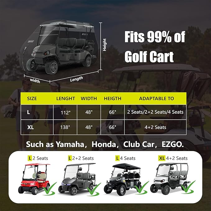 YSPACE Heavy Duty 600D Golf Cart Cover for 2+2 Passengers, Fits EZGO, Club Car, Yamaha, Waterproof, Reflective Strips, Triple Windproof Buckles