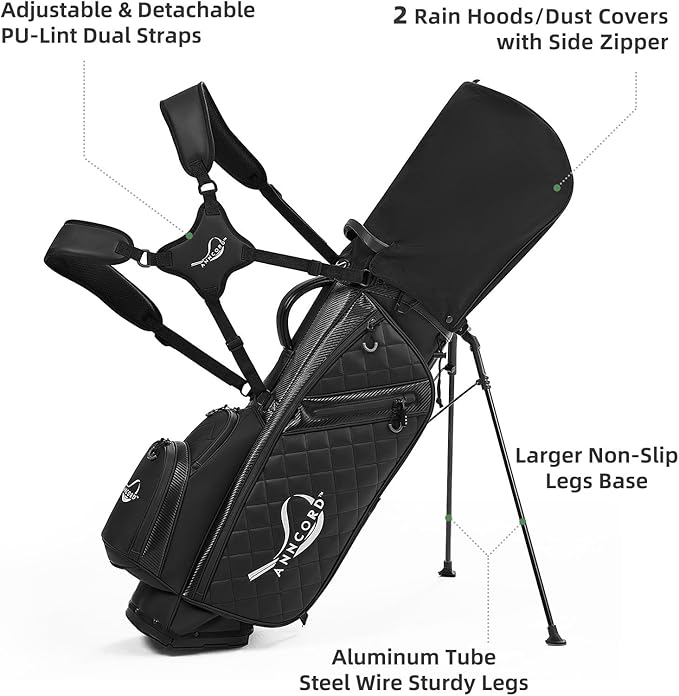 Golf Stand Bag with 14 Way Full Length Dividers, PU Leather Golf Bag for Men, Waterproof Golf Bags with Stand, 6 Pockets & Cooler Pouch, Adjustable Dual Straps, 2 Rain Cover Hood