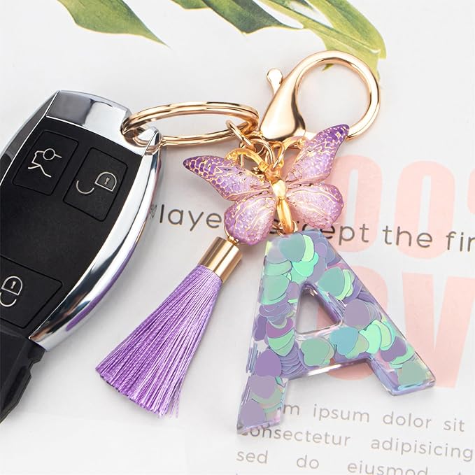 Suweibuke Colourful Cute Initial Letter Keychains for Women Girls with Tassel Butterfly, Charm for Purse Handbags Backpacks