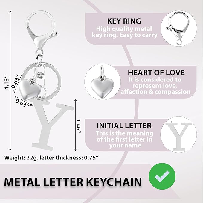Metal Heart Alphabet Keychain for Women, Girls - Cute Initial Letter Accessories for Purse, Bag Charms and Backpack