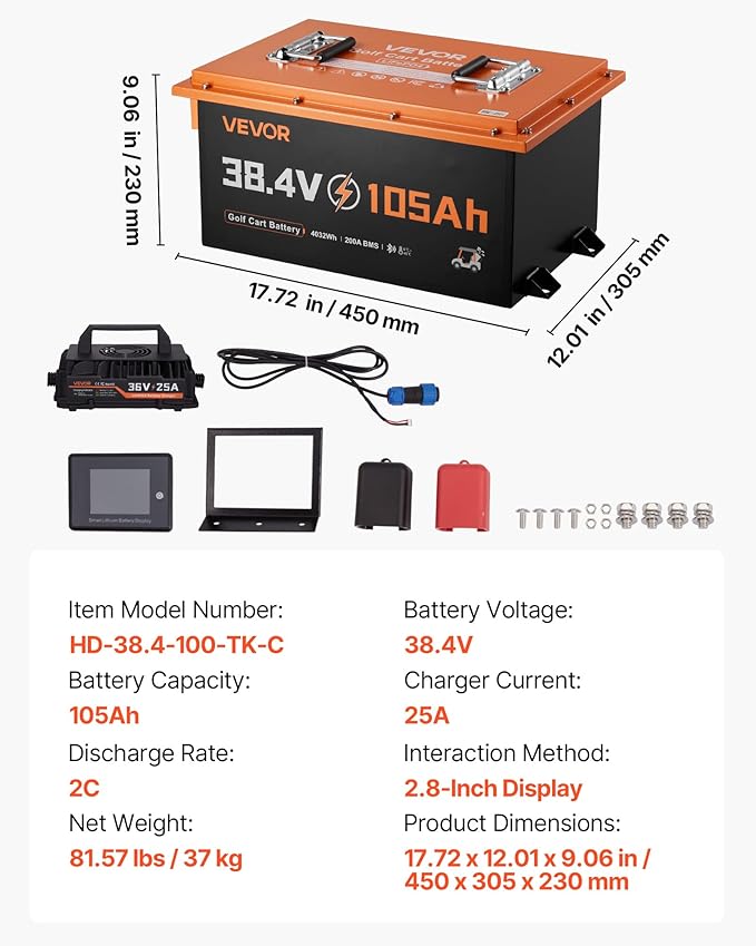 VEVOR 36V (38.4V) 105AH Lithium Golf Cart Battery, with 25A Charger, Lifepo4 Battery Kit, Built-in 200A BMS, with Bluetooth & Touch Monitor, 4000 Cycles, Metal Case, for Golf Carts, Trolling Motors