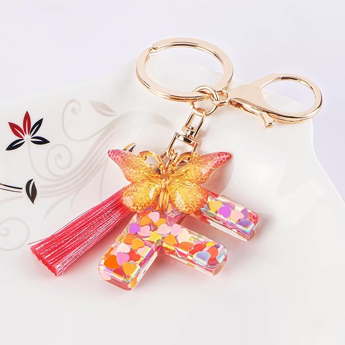 Suweibuke Colourful Cute Initial Letter Keychains for Women Girls with Tassel Butterfly, Charm for Purse Handbags Backpacks