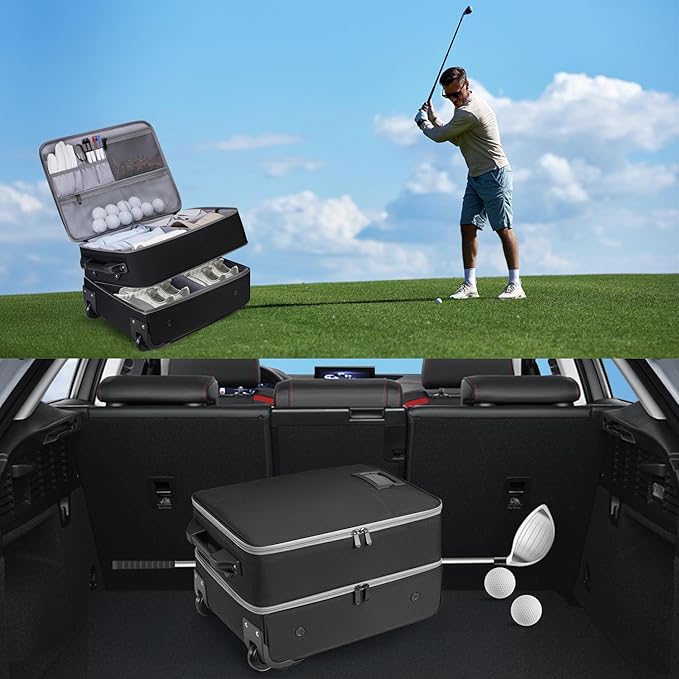 Golf Trunk Organizer for Car with Wheels, 2 Layer Golf Organizer Bag with Multi-Pocket, Golf Supply Storage Bag with Separate Shoe Compartment for Golf Supplies Balls, Tees, Clothes, Gloves