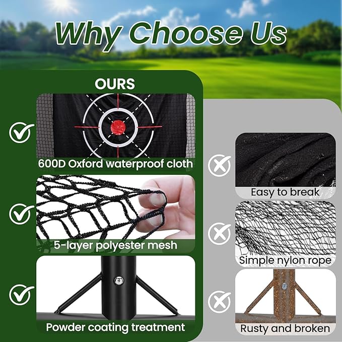 Golf Cage Practice Hitting Net, 10x7ft Heavy Duty Golfnets with 2 Net Side Barriers, Portable Hitting Nets with Carry Bag, 4 Stakes, Low-Noise Target for Backyard Driving Chipping Indoor Outdoor Use