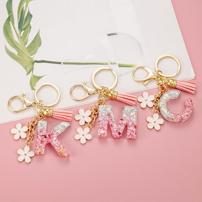 SELOVO Girls Pink Flower Chain Cute Keychain Initial Keychain Key Chain for Women