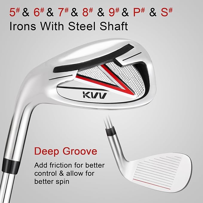 KVV Men's Golf Clubs Package Set, 11-Club Complete Set with/Without Stand Bag/7-Piece Irons (5~P#), Right Handed/Left Handed