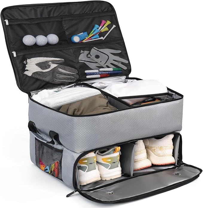 Golf Trunk Organizer Car Golf Locker with Separate Ventilated Compartment for 2 Pair Shoes,Golf Trunk Storage, Tees for Balls Golf Gifts for Women and Men-Light Grey