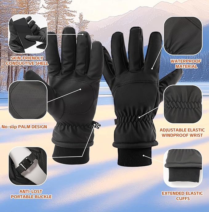 Waterproof Winter Gloves for Men Warm Ant-slip Touchscreen Ski Snow Cycling Running Cold Weather Long Fleece Lining