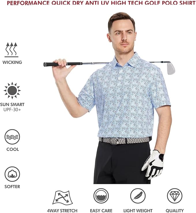 Golf Shirts for Men Dry Fit Short Sleeve Print Performance Moisture Wicking Polo Shirt